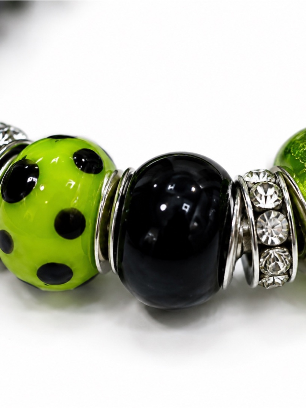 Murano Style Green & Black Glass Bead Bracelet • 925 Sterling Silver